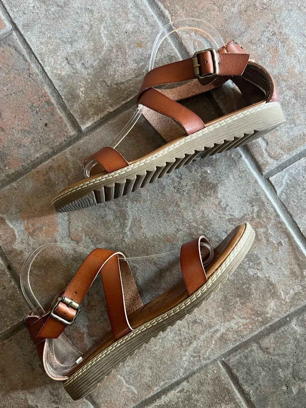 BLOWFISH MALIBU Women's Strappy Crossover Zip Back Sandals in Cognac Brown
